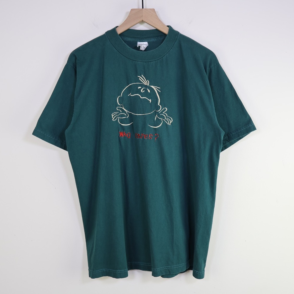 Vintage 90s Who Cares Embroidered T-Shirt Large Retro Green Cotton